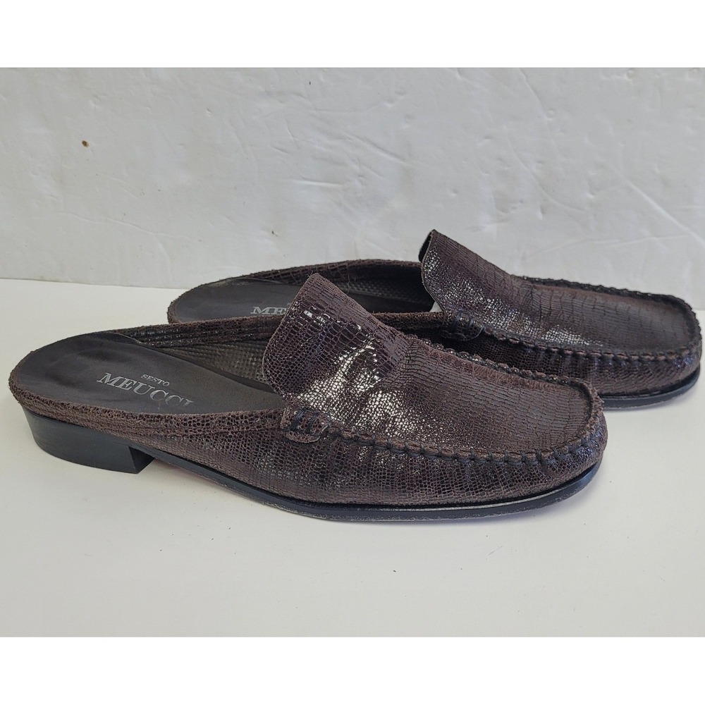 Sesto Meucci Brown Leather Embossed Moc Toe Slide‎ Mule Women's Size 9N